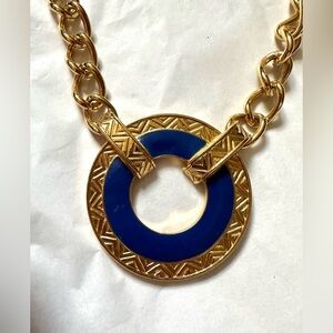Vintage Monet Necklace‎ Gold Tone Blue Enamel Circle Pendant